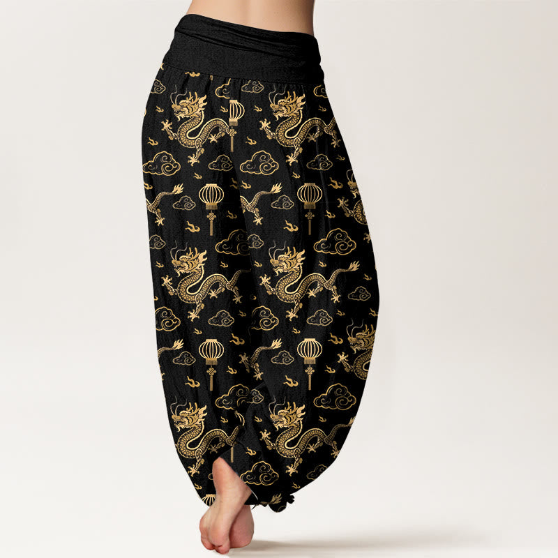Buddha Stones Print Dragon Auspicious Cloud Lantern Pattern Women's Elastic Waist Harem Cotton Pants - image 9