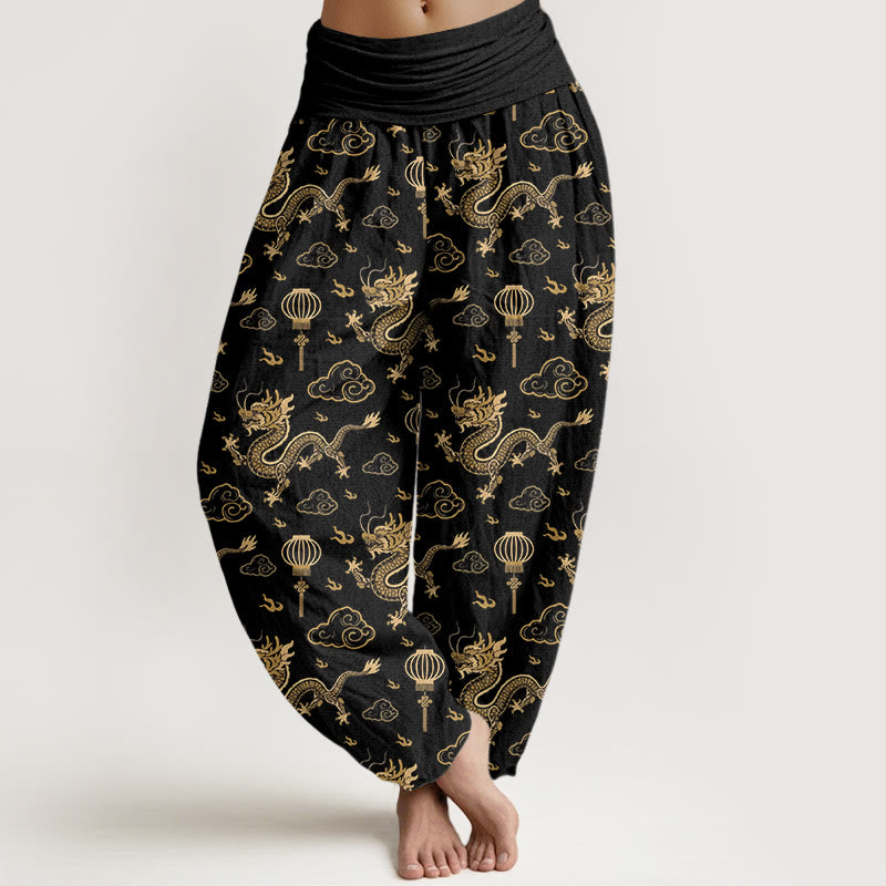 Buddha Stones Print Dragon Auspicious Cloud Lantern Pattern Women's Elastic Waist Harem Cotton Pants - Black - US16，UK/AU20，EU48 (3XL) - image 8