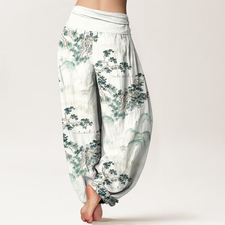 Buddha Stones Print Pine Trees Mountains Pattern Pure Cotton Women's Elastic Waist Harem Pants - image 1