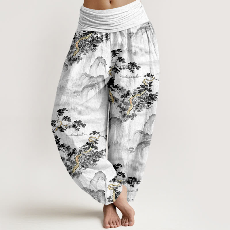 Buddha Stones Print Pine Trees Mountains Pattern Pure Cotton Women's Elastic Waist Harem Pants - Black - US16，UK/AU20，EU48 (3XL) - image 5