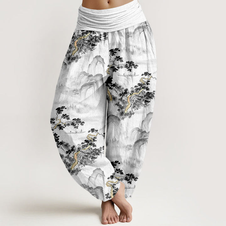 Buddha Stones Print Pine Trees Mountains Pattern Pure Cotton Women's Elastic Waist Harem Pants - Black - US16，UK/AU20，EU48 (3XL) - image 5
