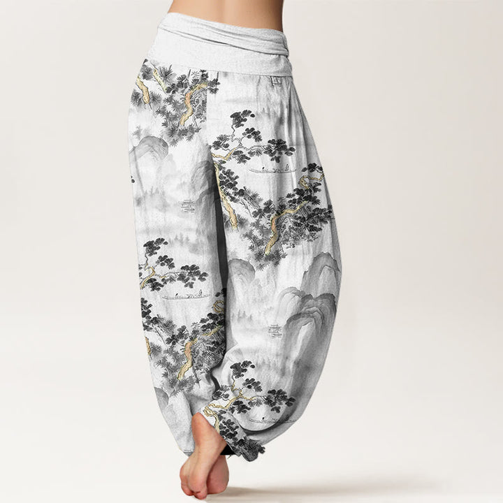Buddha Stones Print Pine Trees Mountains Pattern Pure Cotton Women's Elastic Waist Harem Pants - image 6