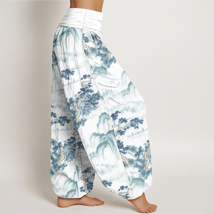 Buddha Stones Print Pine Trees Mountains Pattern Pure Cotton Women's Elastic Waist Harem Pants - image 9