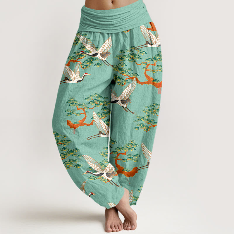 Buddha Stones Print Pine Tree Crane Pattern Pure Cotton Women's Elastic Waist Harem Pants - MediumSeaGreen - US16，UK/AU20，EU48 (3XL) - image 5