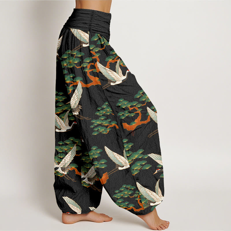 Buddha Stones Print Pine Tree Crane Pattern Pure Cotton Women's Elastic Waist Harem Pants - image 10