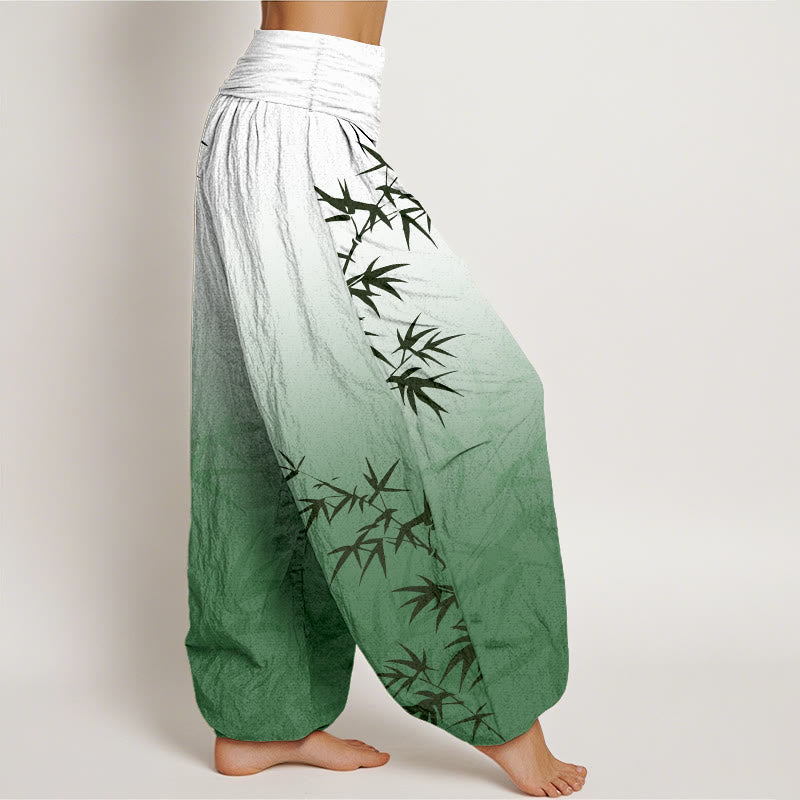 Buddha Stones Casual Bamboo Leaves Gradient Pattern Pure Cotton Women's Elastic Waist Harem Pants - image 2