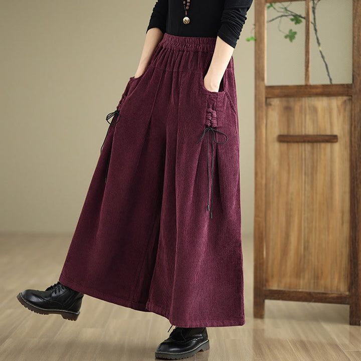 Buddha Stones Women's Pure Color Drawstring Design Wide Leg Corduroy Pants With Pockets - image 2