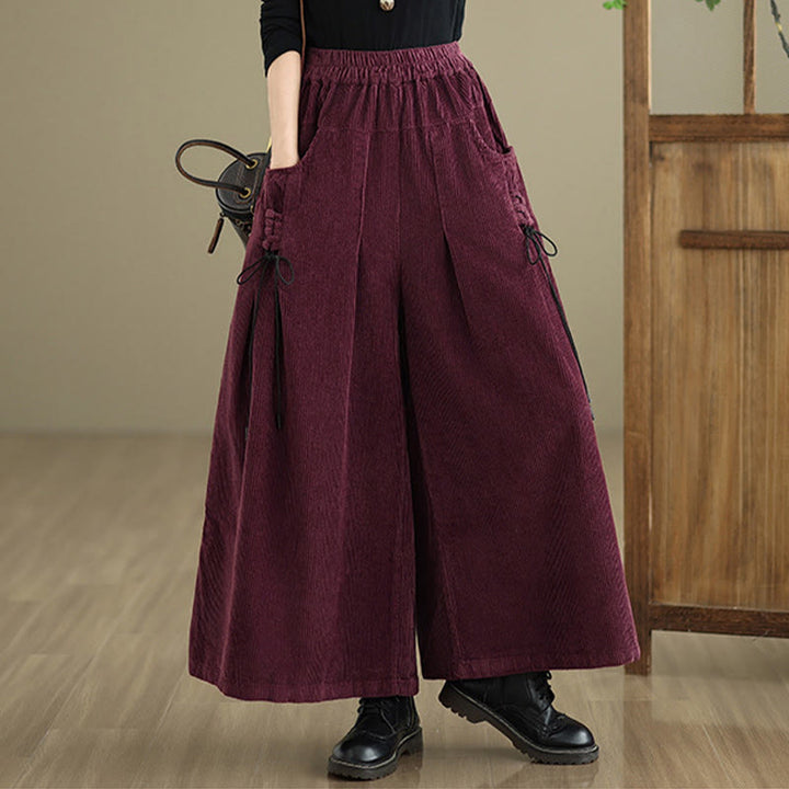 Buddha Stones Women's Pure Color Drawstring Design Wide Leg Corduroy Pants With Pockets - image 4
