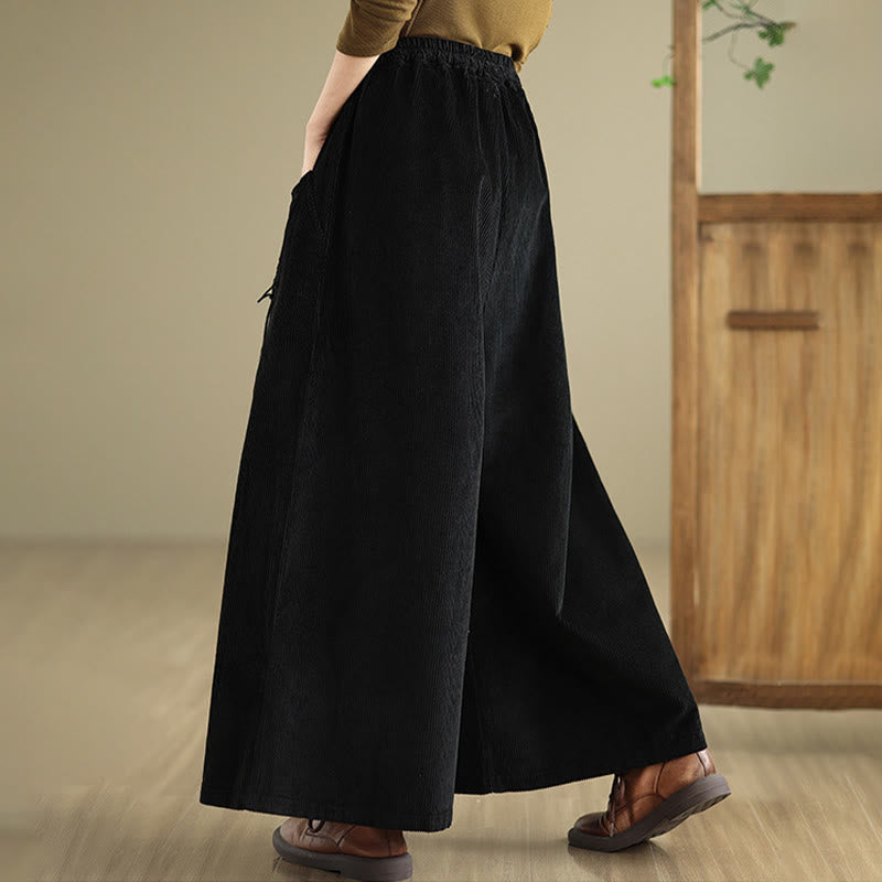 Buddha Stones Women's Pure Color Drawstring Design Wide Leg Corduroy Pants With Pockets - image 15