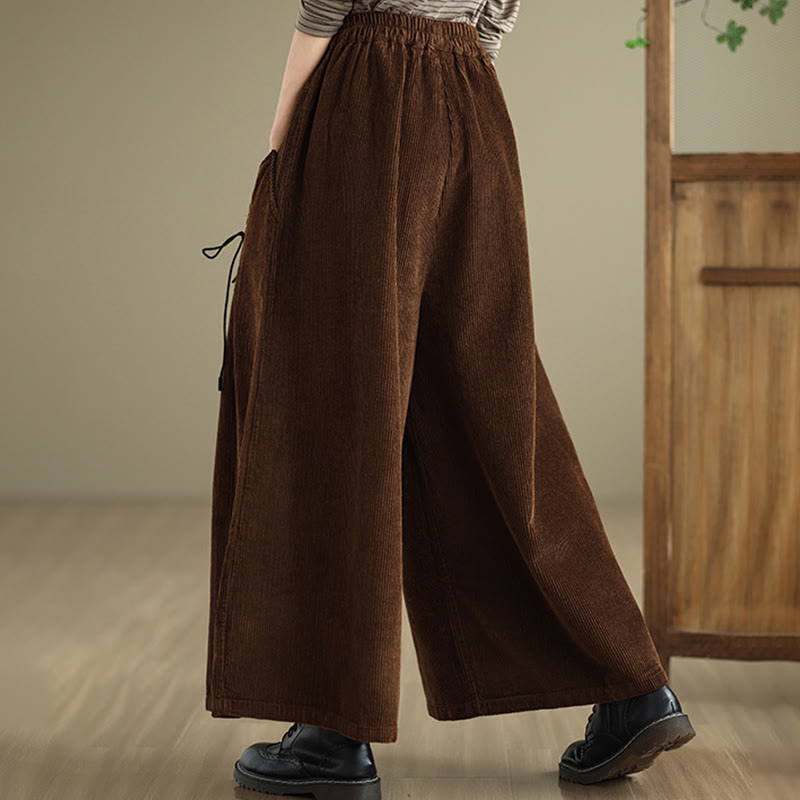 Buddha Stones Women's Pure Color Drawstring Design Wide Leg Corduroy Pants With Pockets - image 19
