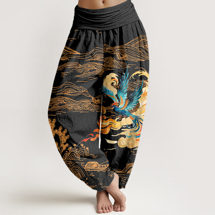 Buddha Stones Phoenix Mountains Landscape Pattern Women's Elastic Waist Harem Pure Cotton Pants - Blcak - US16，UK/AU20，EU48 (3XL) - image 0