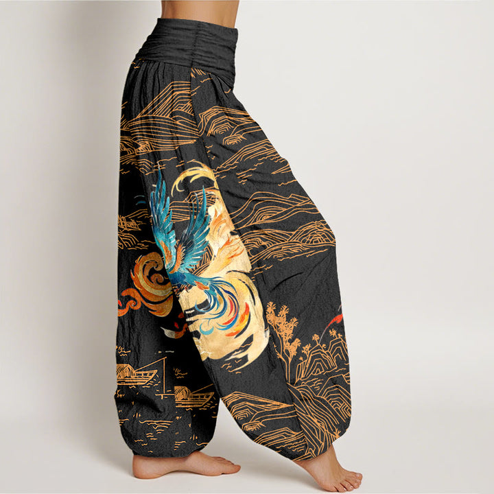 Buddha Stones Phoenix Mountains Landscape Pattern Women's Elastic Waist Harem Pure Cotton Pants - image 2