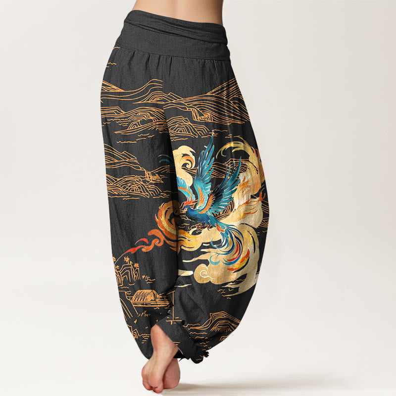 Buddha Stones Phoenix Mountains Landscape Pattern Women's Elastic Waist Harem Pure Cotton Pants - image 1