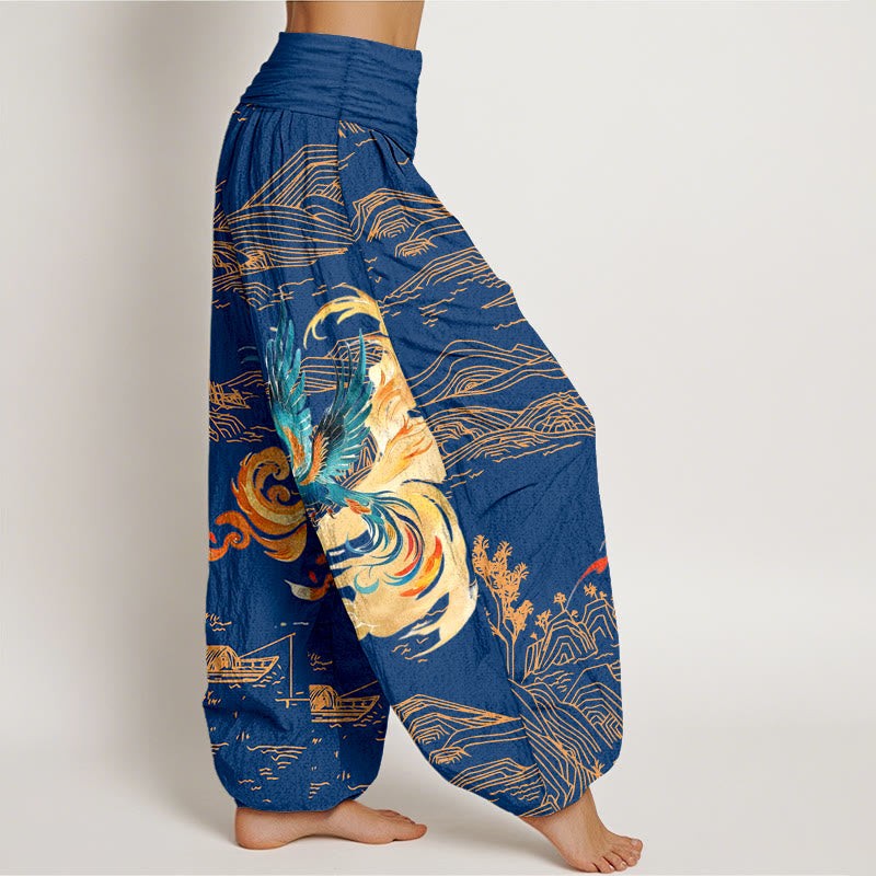 Buddha Stones Phoenix Mountains Landscape Pattern Women's Elastic Waist Harem Pure Cotton Pants - image 10
