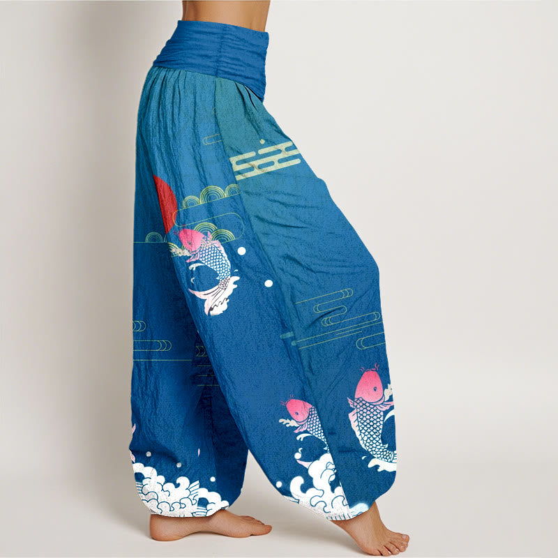 Buddha Stones Koi Fish Red Sun Waves Clouds Pattern Women's Elastic Waist Harem Pure Cotton Pants - image 7