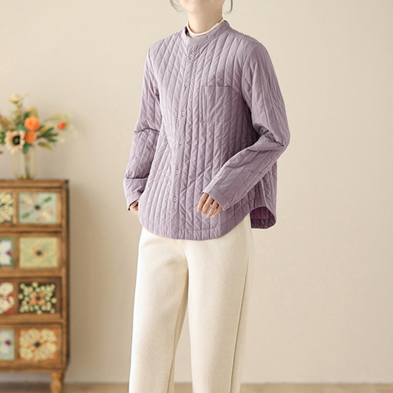 Buddha Stones Women's Stand Collar Simple Design Long Sleeve Thermal Cotton Jacket With Pocket - image 4