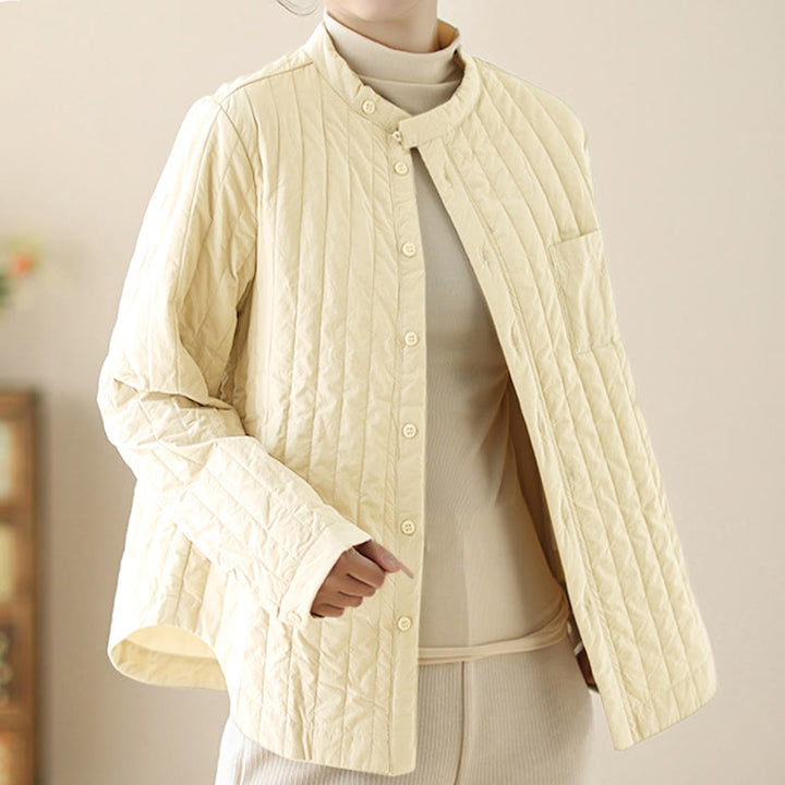 Buddha Stones Women's Stand Collar Simple Design Long Sleeve Thermal Cotton Jacket With Pocket - image 9