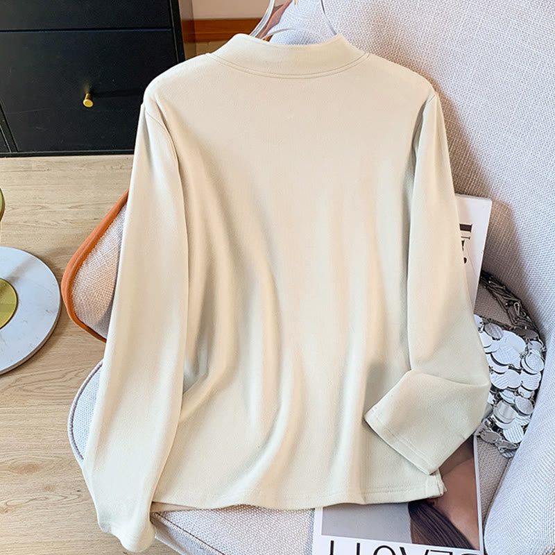 Buddha Stones Spring Solid Color Stand Collar Frog-button Design Women's Cotton Long Sleeve Shirt - image 3