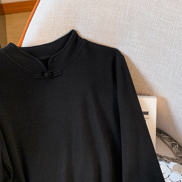 Buddha Stones Spring Solid Color Stand Collar Frog-button Design Women's Cotton Long Sleeve Shirt - image 31