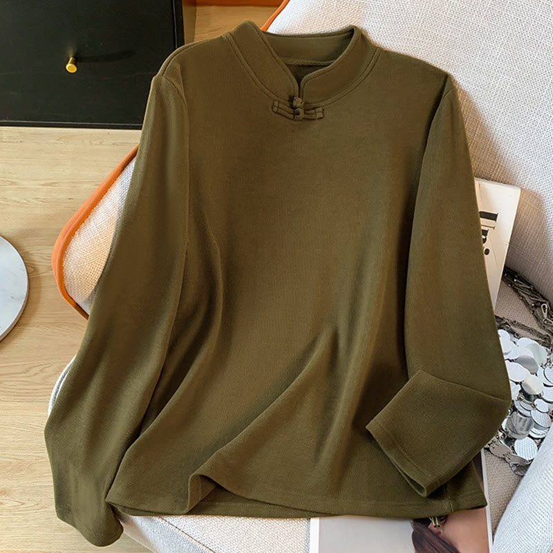 Buddha Stones Spring Solid Color Stand Collar Frog-button Design Women's Cotton Long Sleeve Shirt - image 14