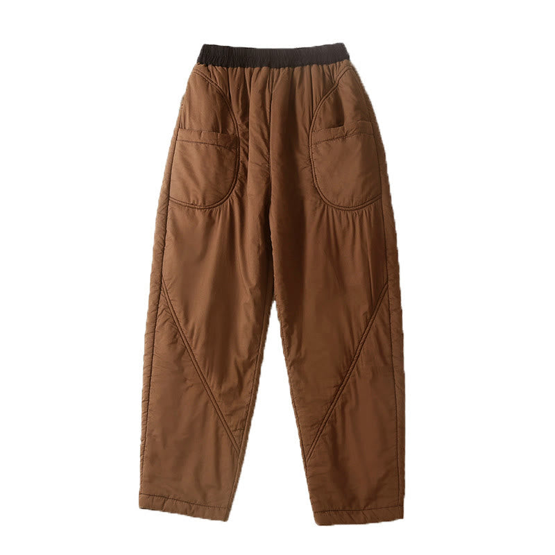 Buddha Stones Women's Winter Plain Elastic Waist Design Thickened Harem Pants With Pockets - image 2