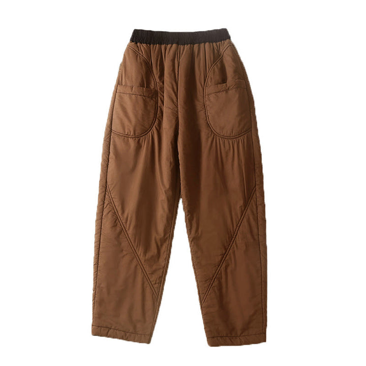 Buddha Stones Women's Winter Plain Elastic Waist Design Thickened Harem Pants With Pockets - image 2