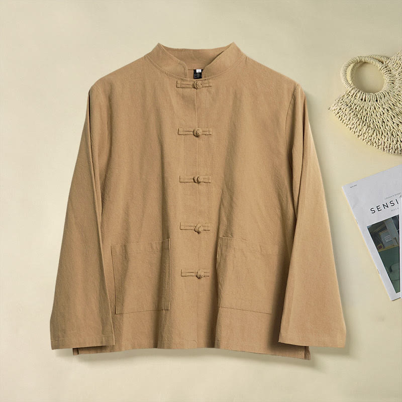 Buddha Stones Ethnic Frog-Button Long Sleeve Stand Collar Women's Cotton Shirt With Pockets - DarkGoldenrod - US8-10，UK/AU12-14，EU40-42 (2XL) - image 0