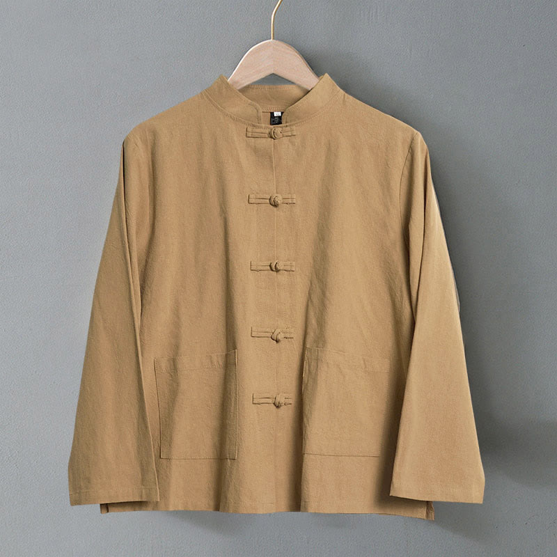 Buddha Stones Ethnic Frog-Button Long Sleeve Stand Collar Women's Cotton Shirt With Pockets - image 1