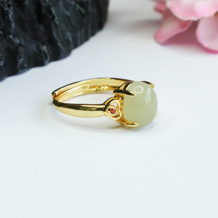 Buddha Stones Natural Hetian Jade Egg Heart-shaped Copper Luck Open Ring - image 8