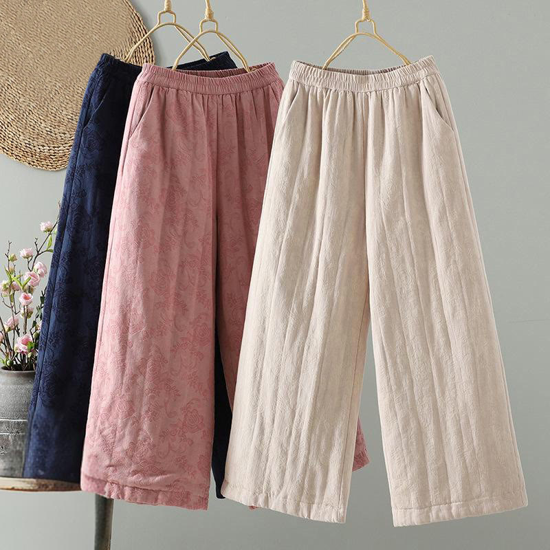 Buddha Stones Jacquard Cotton-padded Women's Wide Leg Thermal Ankle-Length Pants With Pockets - image 20