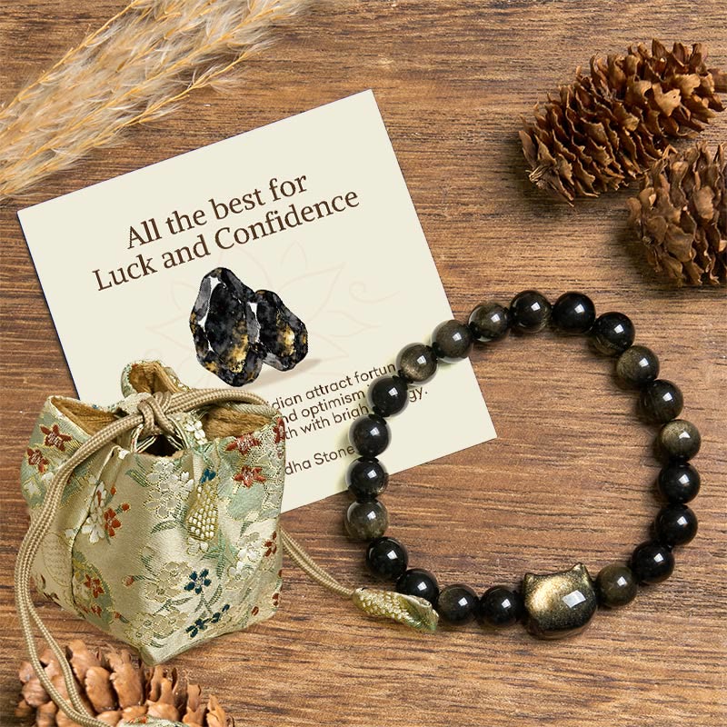 Buddha Stones "All the best for Luck and Confidence" Lovely Cat Bracelet Includes Gift Message Card - Gold Sheen Obsidian Cat Head - 10mm - Deluxe Gift Bag (+$9.59) - image 7