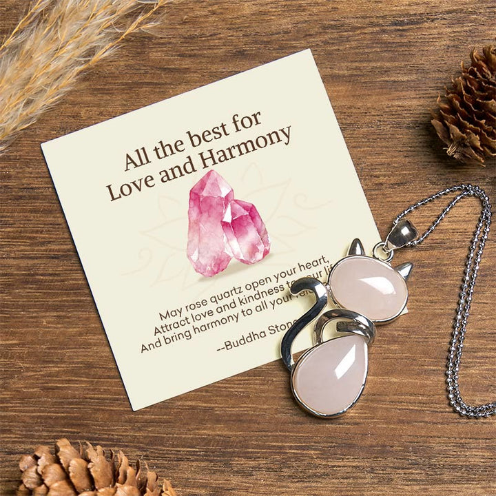 Buddha Stones "Wishing You Love and Kindness" Cat Rose Quartz Necklace Includes Gift Message Card - Rose Quartz - Standard Gift Box - image 0