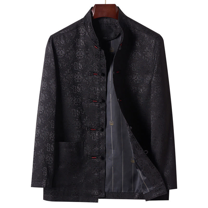 Buddha Stones Embroidery Pattern Stand Collar Long Sleeve Men's Tang Suit Jacket With Pockets - Black - US/UK/AU44，EU54 (4XL) - image 11