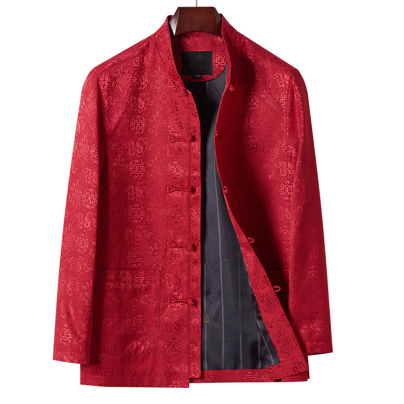 Buddha Stones Embroidery Pattern Stand Collar Long Sleeve Men's Tang Suit Jacket With Pockets - Red - US/UK/AU44，EU54 (4XL) - image 0