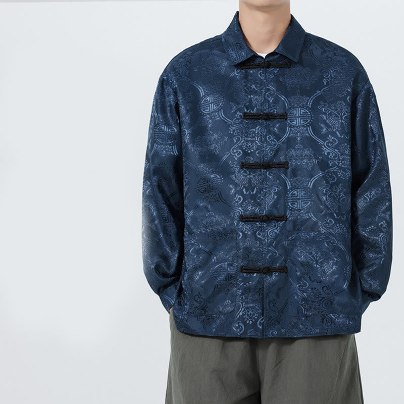 Buddha Stones Spring Jacquard Lapel Long Sleeve Men's Tang Suit Frog-Button Jacket With Pockets - DarkBlue - US/UK/AU46，EU56 (5XL) - image 0