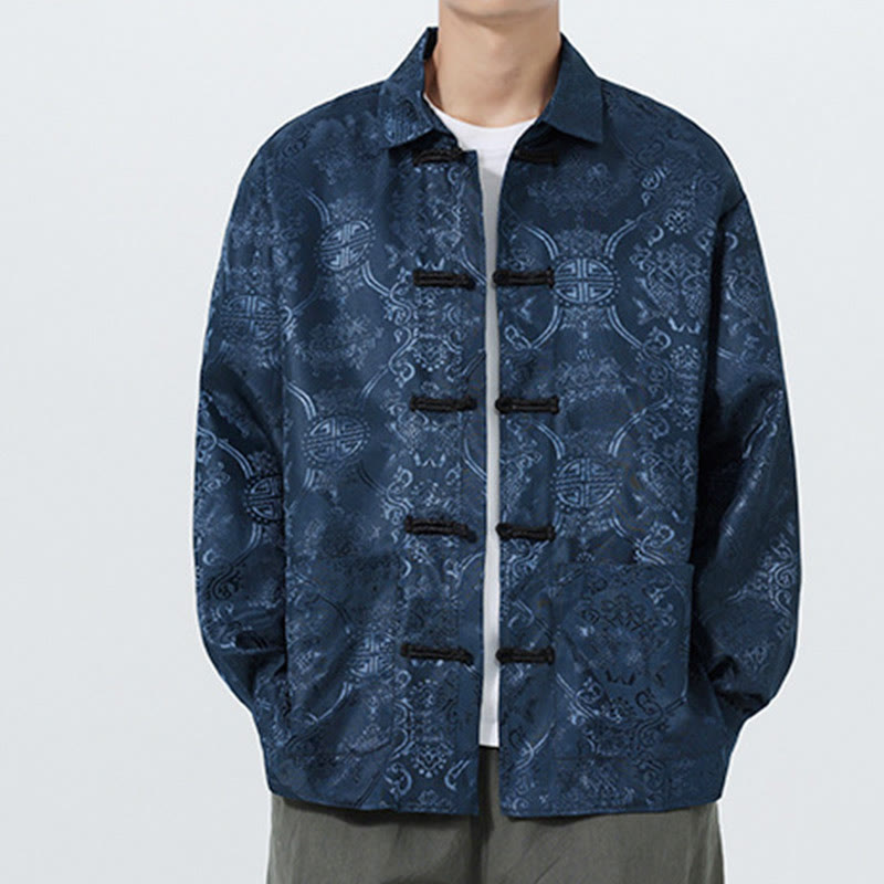 Buddha Stones Spring Jacquard Lapel Long Sleeve Men's Tang Suit Frog-Button Jacket With Pockets - image 5