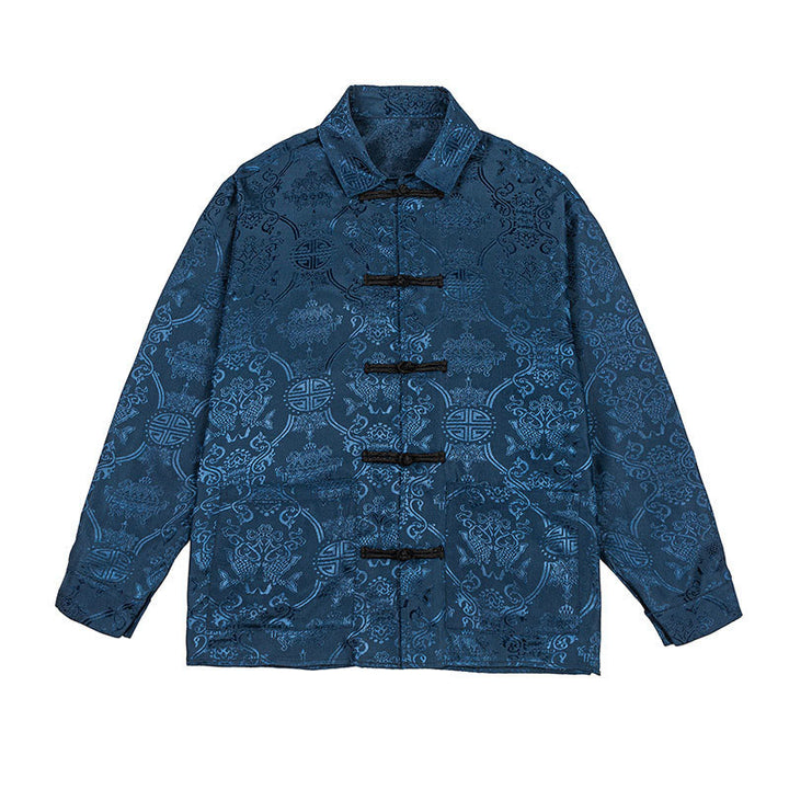 Buddha Stones Spring Jacquard Lapel Long Sleeve Men's Tang Suit Frog-Button Jacket With Pockets - image 9