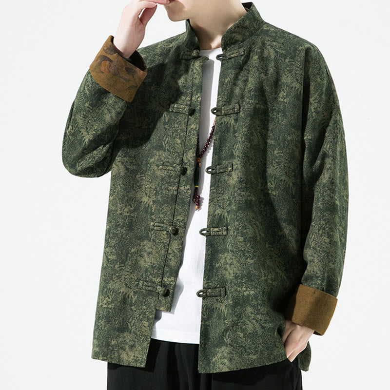 Buddha Stones Spring Printed Floral Pattern Men's Chinese Frog-button Long Sleeve Cotton Jacket - image 1