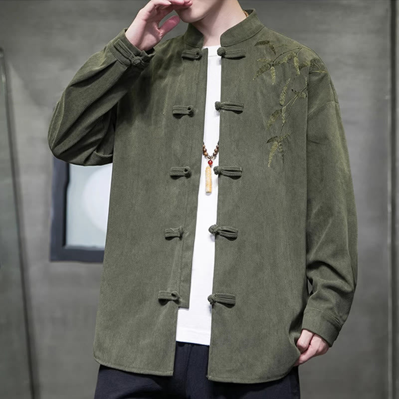 Buddha Stones Spring Chinese Embroidered Bamboo Men's Frog-button Long Sleeve Cotton Corduroy Jacket - image 1