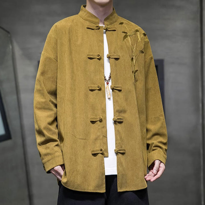 Buddha Stones Spring Chinese Embroidered Bamboo Men's Frog-button Long Sleeve Cotton Corduroy Jacket - image 10