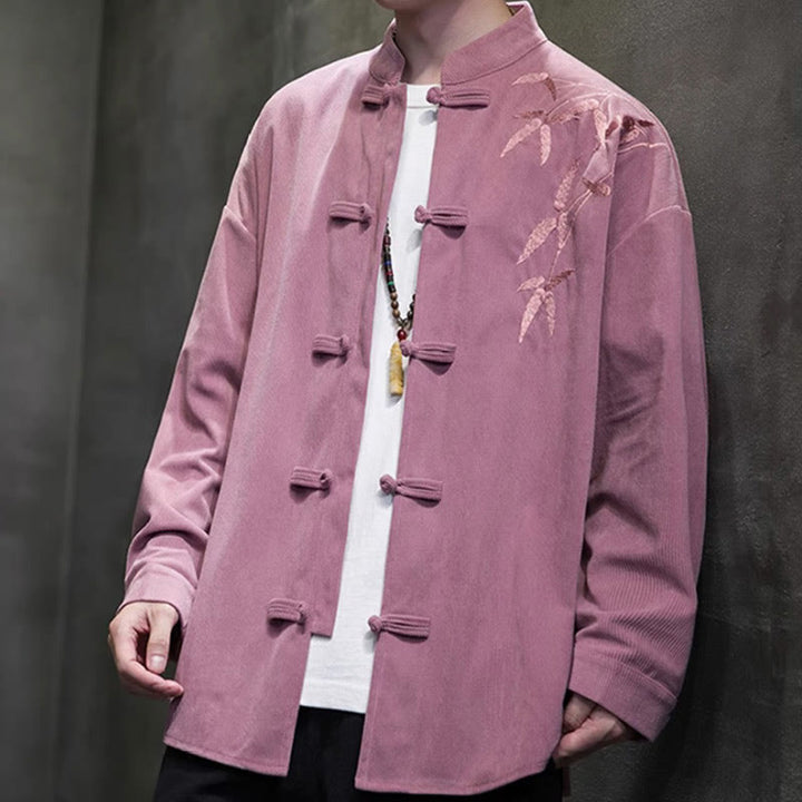 Buddha Stones Spring Chinese Embroidered Bamboo Men's Frog-button Long Sleeve Cotton Corduroy Jacket - image 25