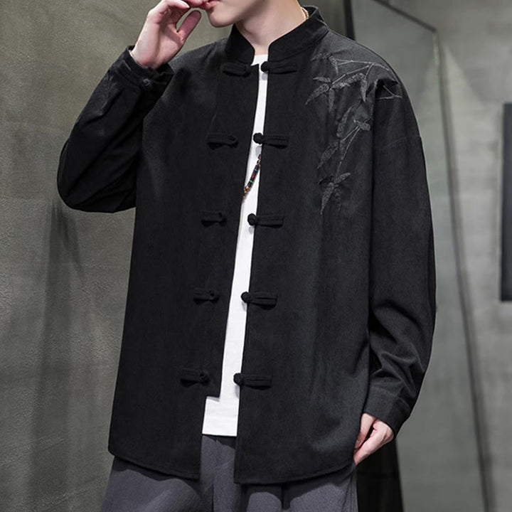 Buddha Stones Spring Chinese Embroiderd Bamboo Men's Frog-button Long Sleeve Cotton Corduroy Jacket - image 36