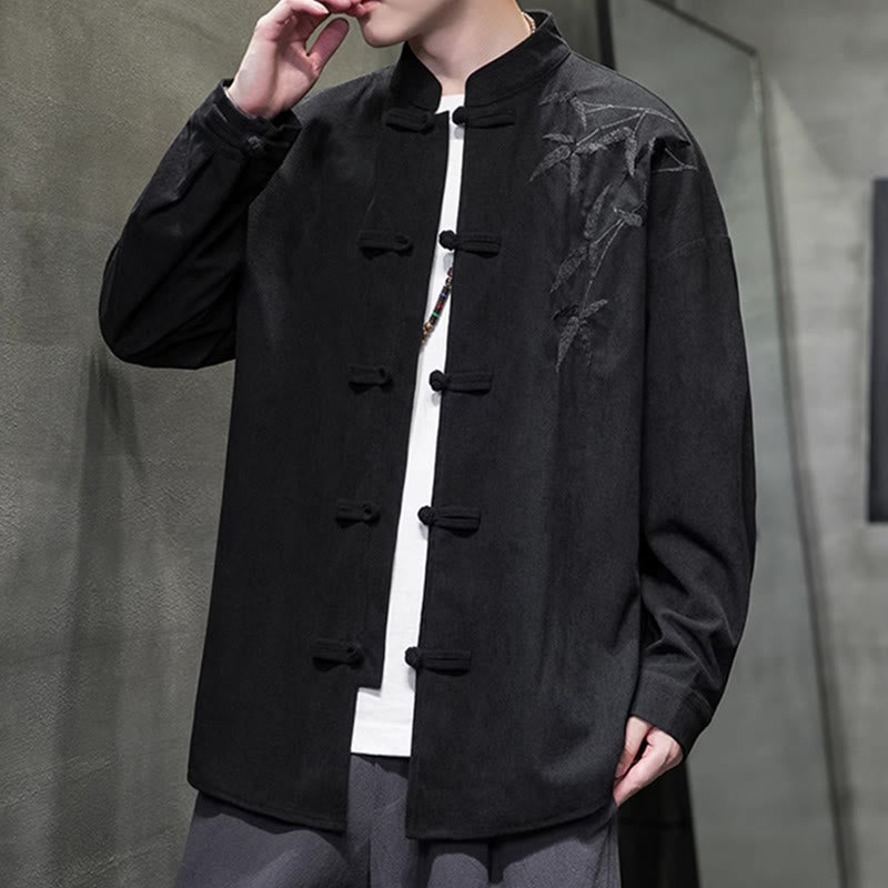 Buddha Stones Spring Chinese Embroidered Bamboo Men's Frog-button Long Sleeve Cotton Corduroy Jacket - image 36