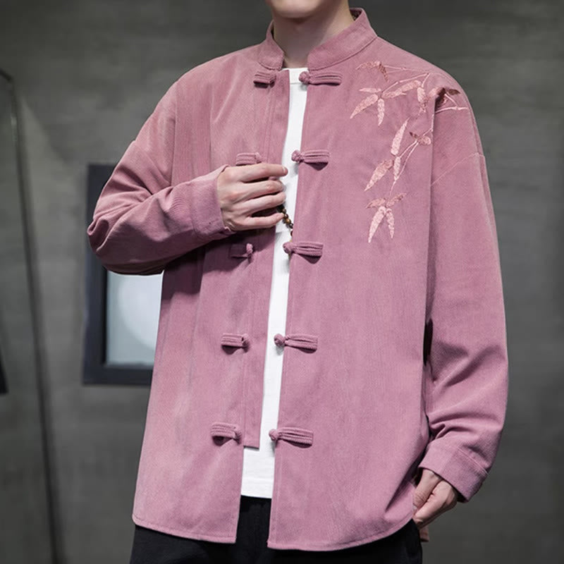 Buddha Stones Spring Chinese Embroidered Bamboo Men's Frog-button Long Sleeve Cotton Corduroy Jacket - image 23