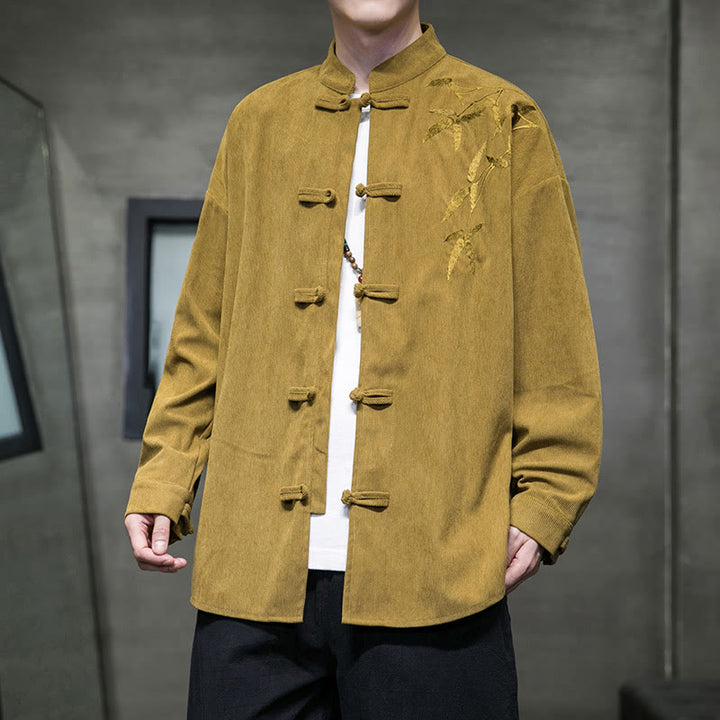 Buddha Stones Spring Chinese Embroidered Bamboo Men's Frog-button Long Sleeve Cotton Corduroy Jacket - Goldenrod - US/UK/AU48，EU58(5XL) - image 7