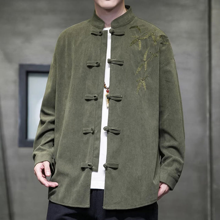 Buddha Stones Spring Chinese Embroidered Bamboo Men's Frog-button Long Sleeve Cotton Corduroy Jacket - image 3