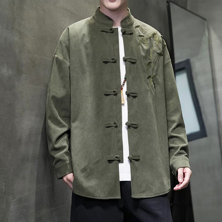 Buddha Stones Spring Chinese Embroidered Bamboo Men's Frog-button Long Sleeve Cotton Corduroy Jacket - image 4