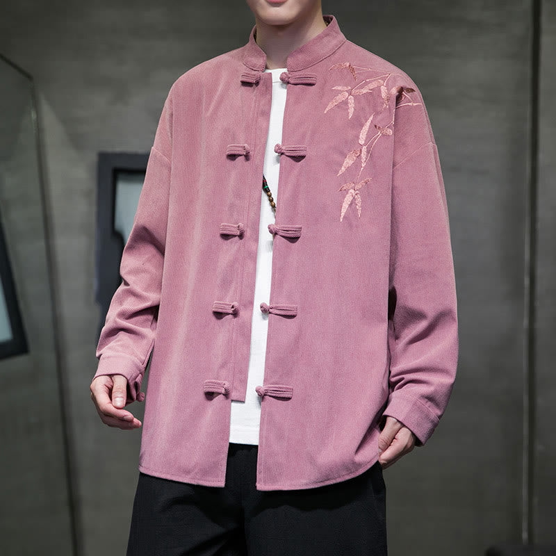 Buddha Stones Spring Chinese Embroidered Bamboo Men's Frog-button Long Sleeve Cotton Corduroy Jacket - HotPink - US/UK/AU48，EU58(5XL) - image 18