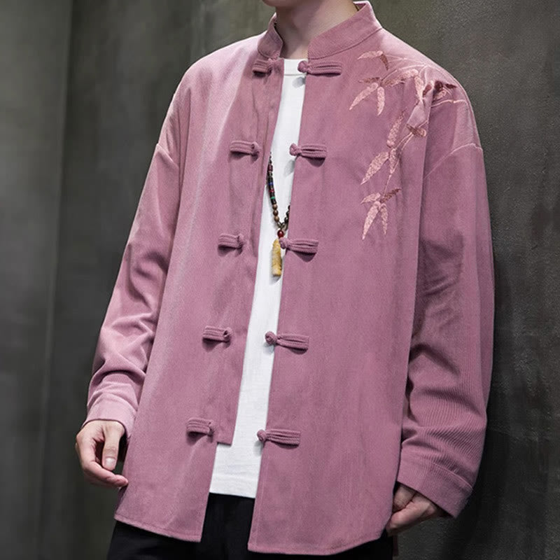 Buddha Stones Spring Chinese Embroiderd Bamboo Men's Frog-button Long Sleeve Cotton Corduroy Jacket - image 25