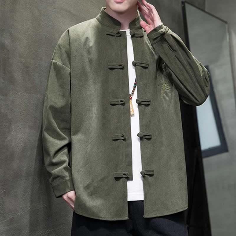 Buddha Stones Spring Chinese Embroiderd Bamboo Men's Frog-button Long Sleeve Cotton Corduroy Jacket - image 6